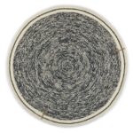 Rond Elitis vloerkleed Oscar TA 131 82 07 met een gemêleerd zwart-wit patroon en lichtgekleurde rand.