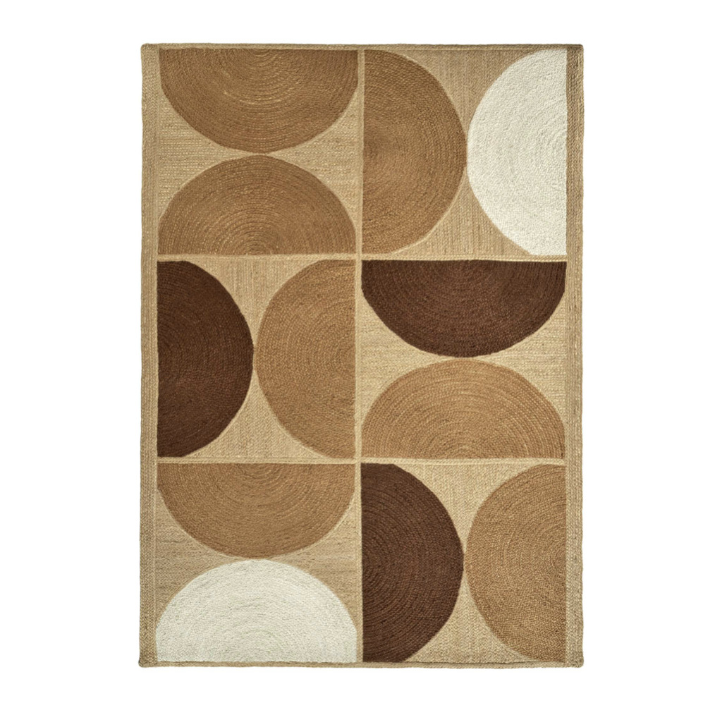 Elitis vloerkleed Rocky Caramel met geometrisch patroon in bruin- en crèmetinten, formaat 350 x 250 cm.