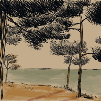 Getekend landschap met bomen aan de kust, geïnspireerd op het Elitis DM 901 01 Repeat 360 ontwerp.