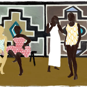 Illustratie van vier vrouwen in kleurrijke kleding voor een geometrisch patroon op de wand, geïnspireerd op Elitis DM 904 01 Repeat 360.