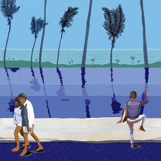 Illustratie van drie mensen aan de rand van een zwembad met palmbomen en zee op de achtergrond, uit het Elitis_DM_905_01_Repeat_360 ontwerp.