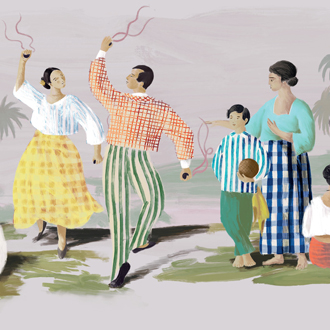 Illustratie van mensen in kleurrijke kleding die dansen en samenkomen in een tropisch landschap.