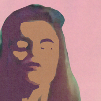 Gestileerde illustratie van een abstract portret met paarse en groene tinten op een roze achtergrond, uit de Elitis DM 908 01 Scan 360 serie.