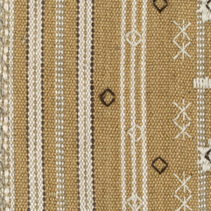 Detail van de Elitis LZ 870 22 Echappé Escale-stof met een bruin geweven patroon en witte en zwarte decoratieve lijnen en motieven.