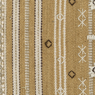 Detail van de Elitis LZ 870 22 Echappé Escale-stof met een bruin geweven patroon en witte en zwarte decoratieve lijnen en motieven.
