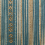 Decoratieve Elitis Escale-stof met verticale strepen en etnisch geïnspireerde patronen in blauw, beige en bruintinten.