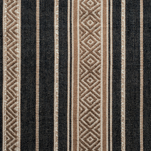 Gestreepte Elitis LZ 870 80 Echappé Escale-stof met geometrisch patroon in beige, zwart en bruintinten.