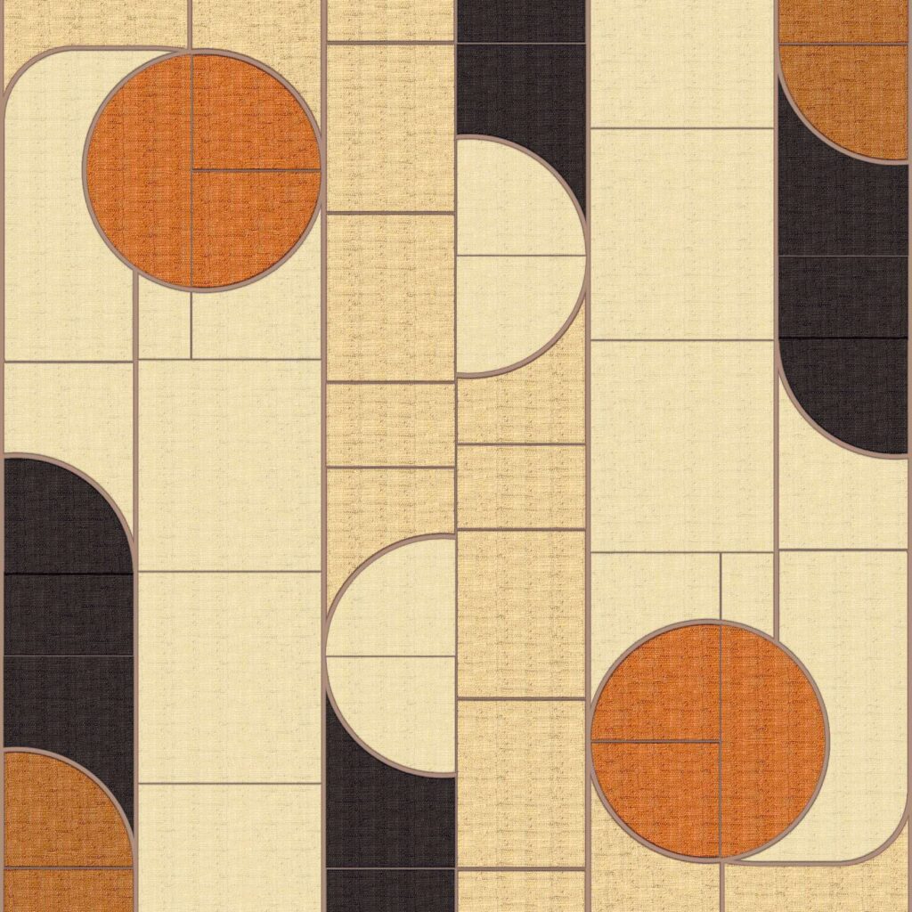 Decoratief wandpaneel Elitisl Merida met geometrisch patroon in beige, zwart en oranje tinten.