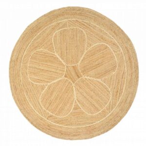 Rond jute vloerkleed met een bloemvormig patroon in het midden.