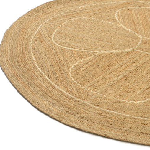 Detail van het ronde Eltis Amapola TA 129-05-07 vloerkleed met bloemmotief in natuurlijke jute tinten.