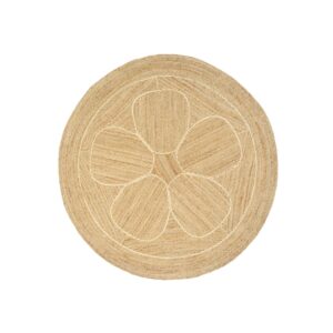Rond vloerkleed van jute met een bloemvormig patroon in het midden.