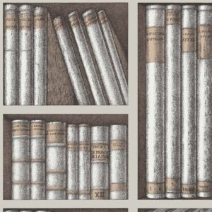 Illustratie van het Fornasetti-behang Ex Libris met een herhaald patroon van vintage boekenruggen in zwart-wit en sepia.
