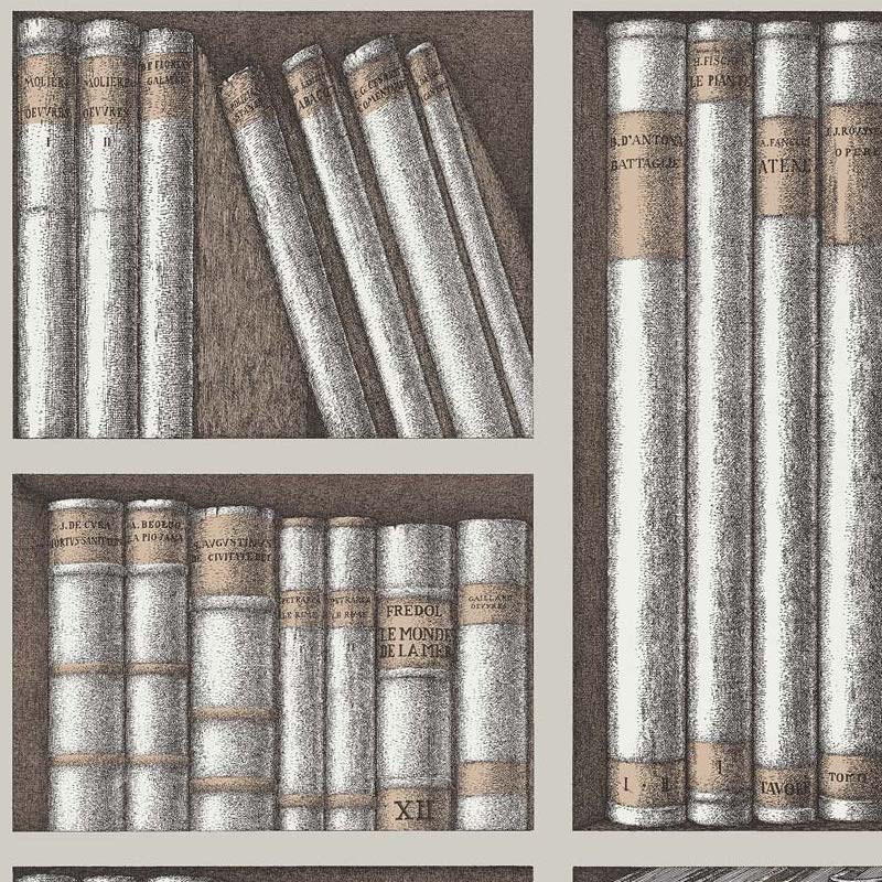Illustratie van het Fornasetti-behang Ex Libris met een herhaald patroon van vintage boekenruggen in zwart-wit en sepia.