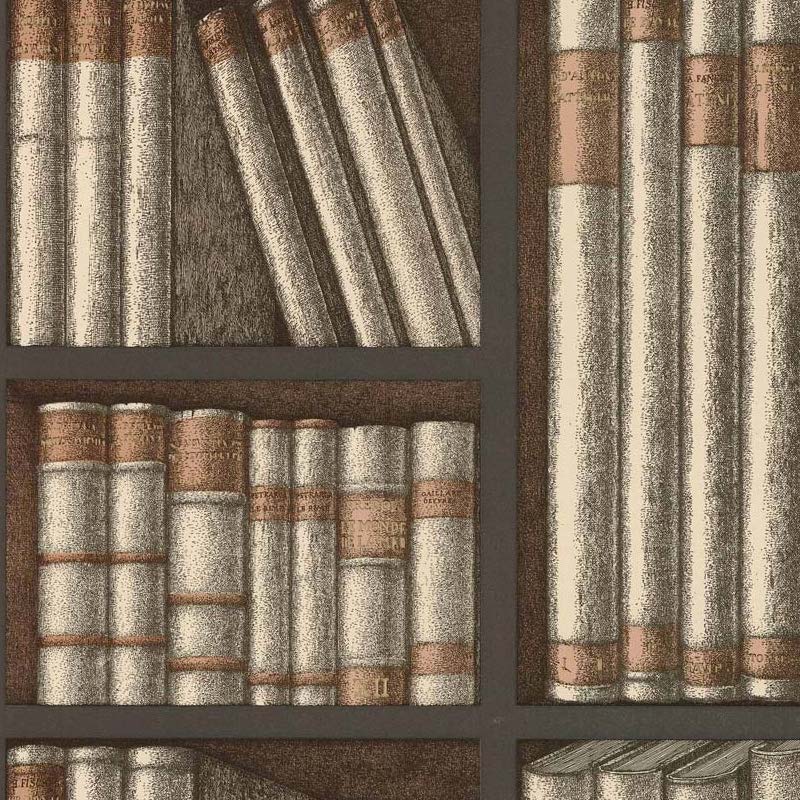 Gedetailleerde print van het Fornasetti-behang Ex Libris met realistische illustraties van boeken op een boekenplank.