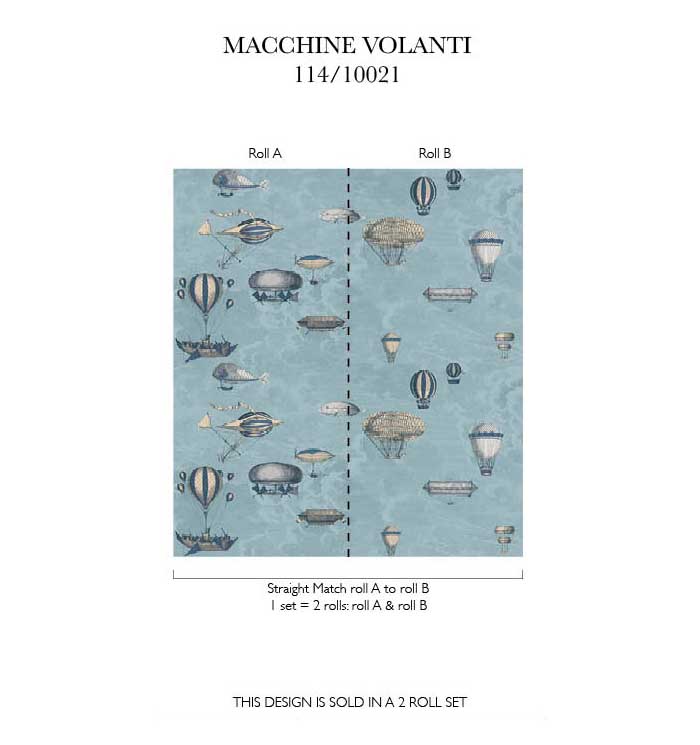 Behangontwerp "Macchine Volanti" van Fornasetti met illustraties van fantasierijke vliegmachines op een blauwe achtergrond.