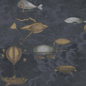 Illustratief Fornasetti-behang met fantasierijke vliegende machines en luchtschepen tegen een donkerblauwe hemel.