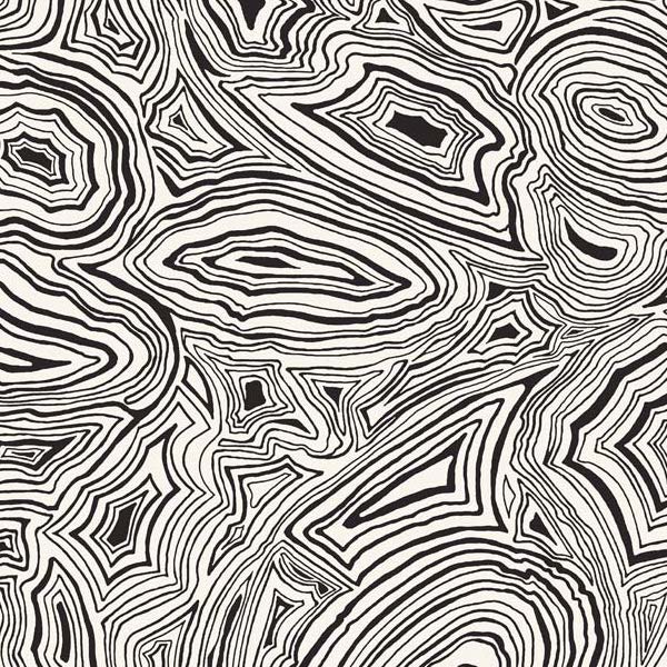 Zwart-wit behang met abstract patroon geïnspireerd op malachietsteen uit de Fornasetti-collectie.