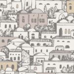 Illustratief behang met mediterrane gebouwen in zachte, aardse tinten uit de Fornasetti Mediterranea collectie.