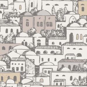 Illustratief behang met mediterrane gebouwen in zachte, aardse tinten uit de Fornasetti Mediterranea collectie.