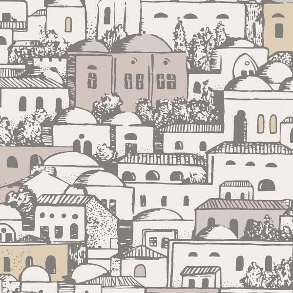 Illustratief behang met mediterrane gebouwen in zachte, aardse tinten uit de Fornasetti Mediterranea collectie.