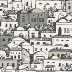 Illustratie van het Fornasetti-behang Mediterranea 114/7013 met een dicht patroon van mediterrane gebouwen in grijstinten.