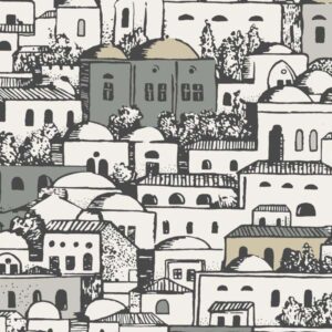 Illustratie van het Fornasetti-behang Mediterranea 114/7013 met een dicht patroon van mediterrane gebouwen in grijstinten.