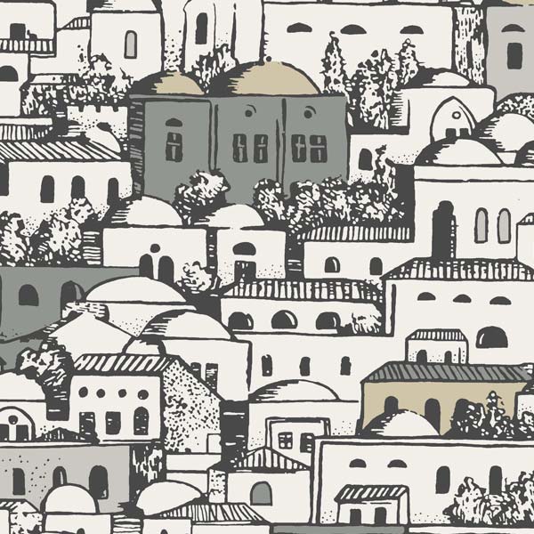 Illustratie van het Fornasetti-behang Mediterranea 114/7013 met een dicht patroon van mediterrane gebouwen in grijstinten.
