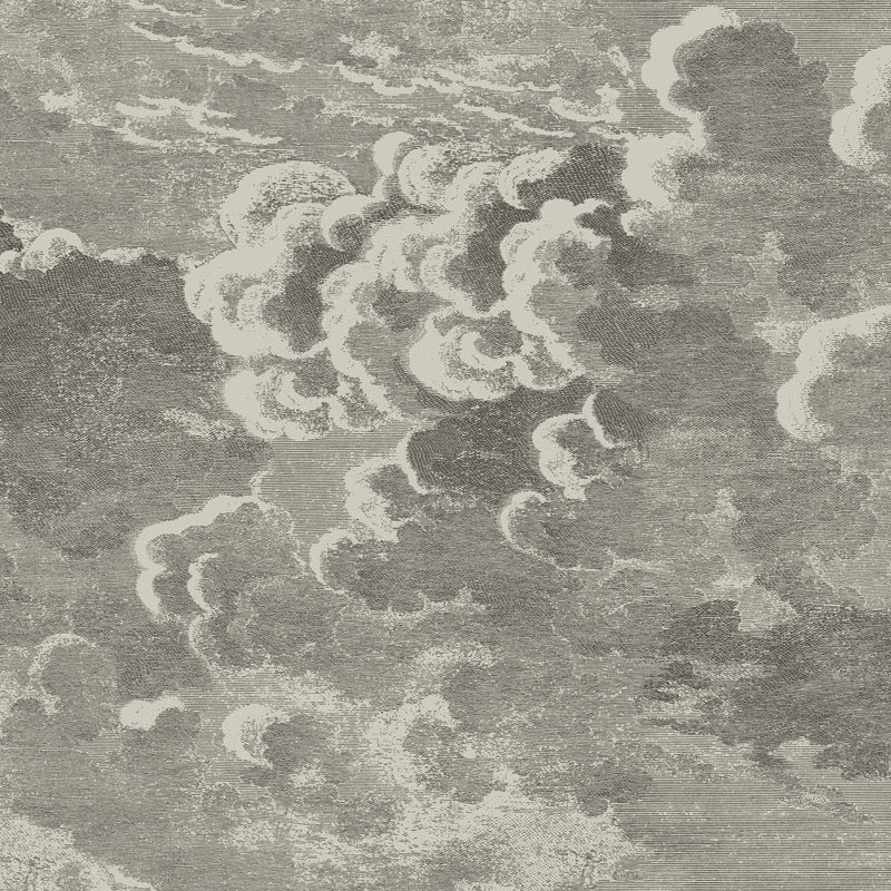 Grijs-wit Fornasetti Nuvolette-behang met een gedetailleerde illustratie van wolken in een etsgrafiek-stijl.