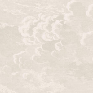 Grijs-wit Fornasetti Nuvolette-behang met een gedetailleerde illustratie van wolken.
