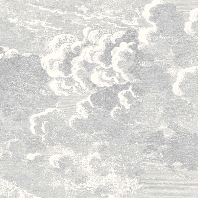 Grijs-wit Fornasetti-behang Nuvolette met een gedetailleerde illustratie van lucht en wolken.