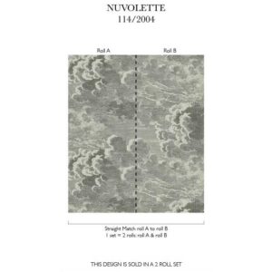 Grijs Fornasetti-behang Nuvolette met wolkenpatroon, gepresenteerd in twee bijpassende rollen (A en B).