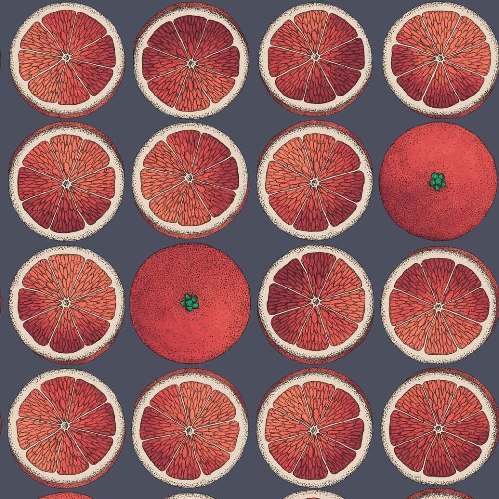 Illustratie van het Fornasetti-behang 'Senza Tempo Arance' met een patroon van rode sinaasappelschijven en hele sinaasappels op een donkerblauwe achtergrond.