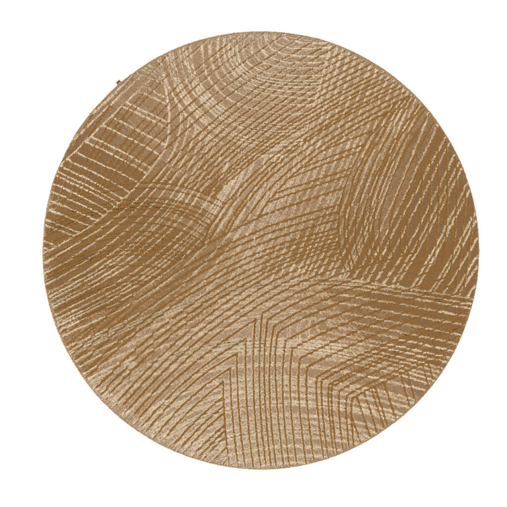 Rond vloerkleed in honingbruine tint met een grafisch patroon, model Spiro Honey Desert.
