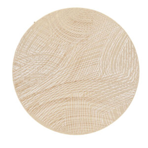 Rond vloerkleed Spiro Sand met een lichtbeige kleur en wit grafisch lijnpatroon.