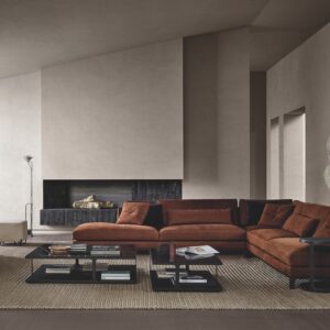Moderne woonkamer met een Limited Edition Abaca vloerkleed, een hoekbank in roestrood en een zwart designhaardmeubel.