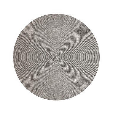 Rond limited edition vloerkleed Abaca AB-49451 in aluminiumkleur met een fijn geweven spiraalpatroon.