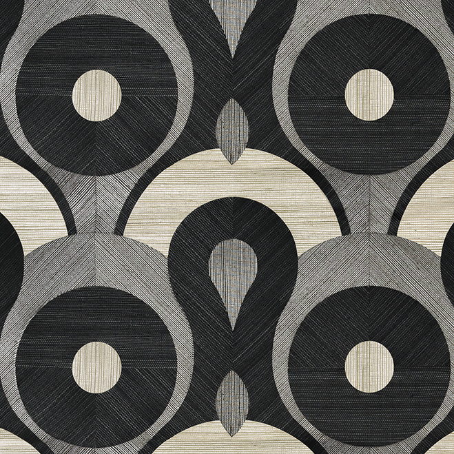 Grafisch patroon MO4010-P2ZL met abstracte cirkels en druppelvormen in zwart, grijs en beige tinten.