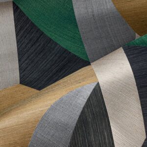 Abstracte textielstructuur met geometrische vormen in groen, zwart, grijs, beige en goud uit het Marqueterie Puzzle 7-Q7D6-2 ontwerp.