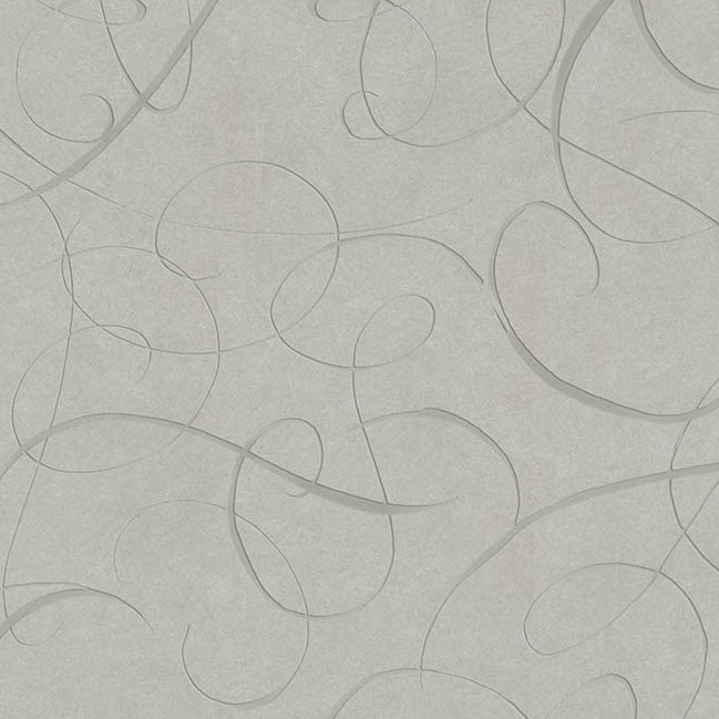 Lichtgrijs behang met sierlijke, kalligrafische lijnen in een speels patroon uit de Calligraphy Bird MO2012-ASH collectie.