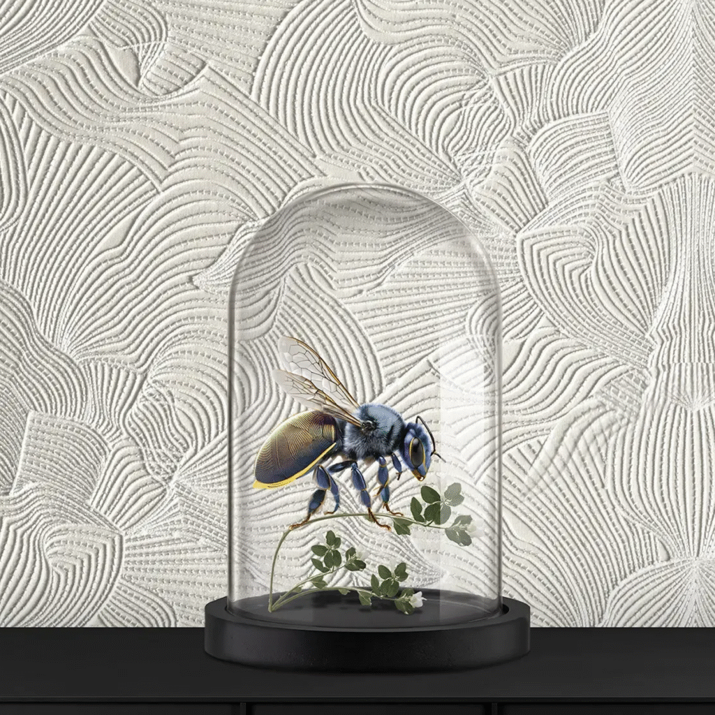 Glazen stolp met een gestileerde TechnoBee en groene takjes op een zwarte ondergrond voor een reliëfrijke, geborduurde wand.