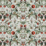 Gedetailleerd en kleurrijk behangpatroon Coccinella Bella MO5000 met symmetrisch ontwerp van planten, bloemen en insecten.