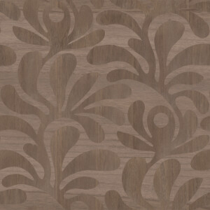 Walnoothouten oppervlak met een decoratief, organisch bladmotief uit de Moooi Woodblock Beetle Fern-serie.