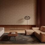 Sfeervolle woonkamer met het Moooi Woodblock Beetle Flora MO5061 behang, moderne meubels en warme aardetinten.