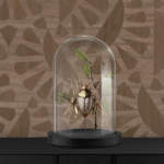 Decoratief object van een gouden kever met bladeren onder een glazen stolp, geplaatst voor een houten wand met geometrisch patroon.