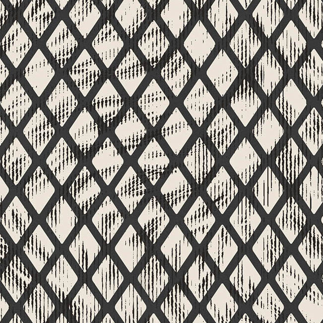 Behangpatroon Moooi Aristo Quagga MO2032 in zwart-wit met ruitvormig raster en abstracte textuur.