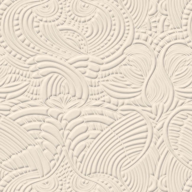 Crèmekleurig Moooi Dodo Pavone behang met een reliëfachtig patroon van abstracte vogel- en veervormen.