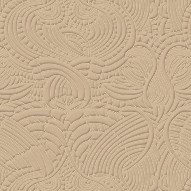 Beige behang met een elegant, reliëfachtig patroon geïnspireerd op de veren van een dodo, uit de Moooi Dodo Pavone MO2092 collectie.