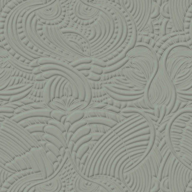Reliefachtig behang met een gestileerd patroon van Dodo Pavone in een zachte celadon-kleur.