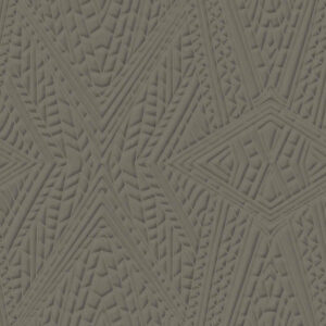 Grijs-groen Moooi Dwarf Rhino behang met een geometrisch, tribal-achtig reliëfpatroon.