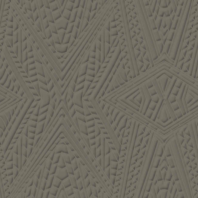 Grijs-groen Moooi Dwarf Rhino behang met een geometrisch, tribal-achtig reliëfpatroon.